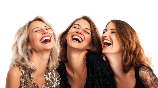 Three women laughing joyfully, showcasing friendship and happiness against a white isolated background, ideal for celebration themes.
