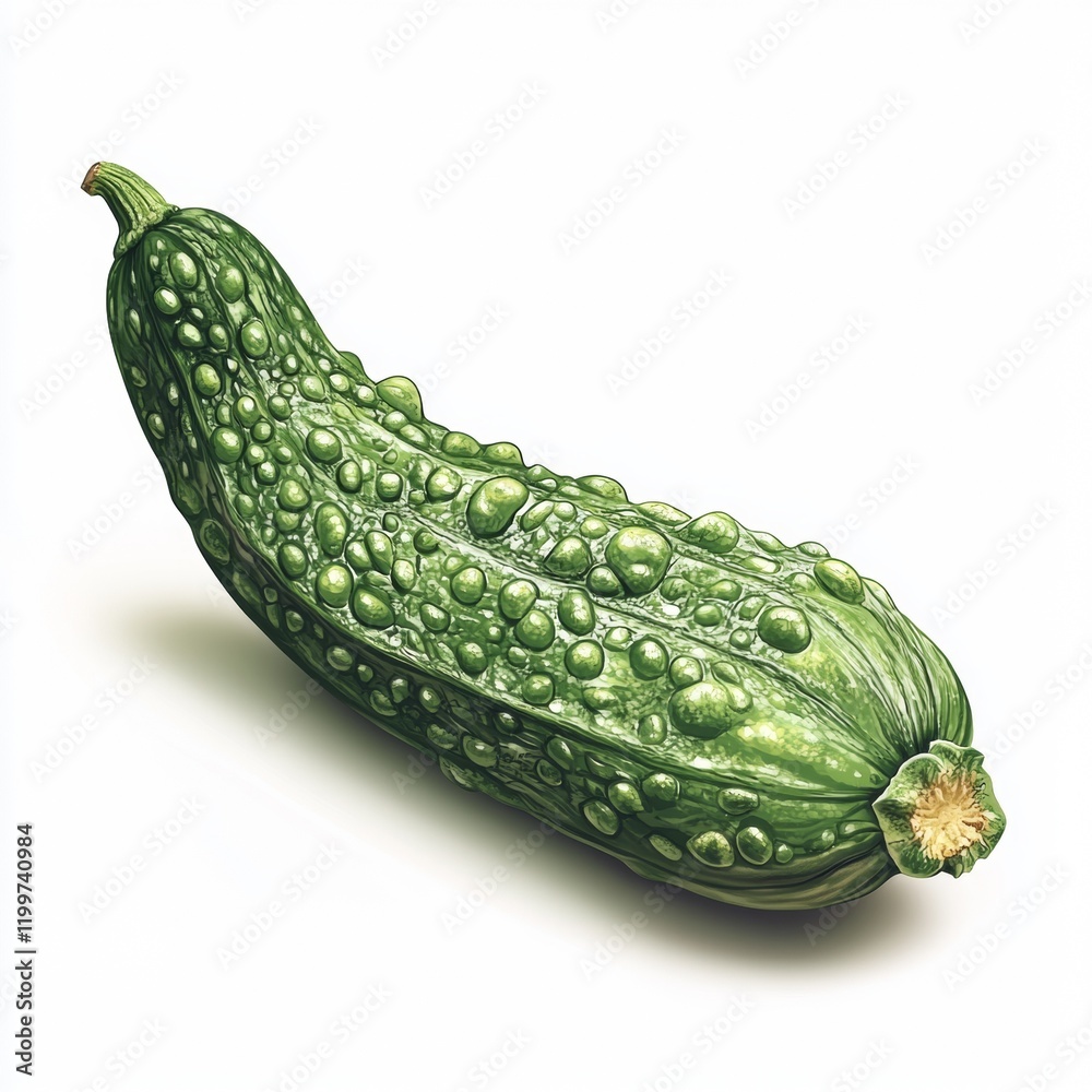 Poster a single green bumpy squash sits on white background