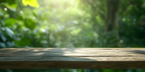 A sunlit wooden surface with a blurred green background of foliage. Concept Sunlit Texture, Natural Light, Wooden Aesthetics, Blurred Foliage, Outdoor Serenity