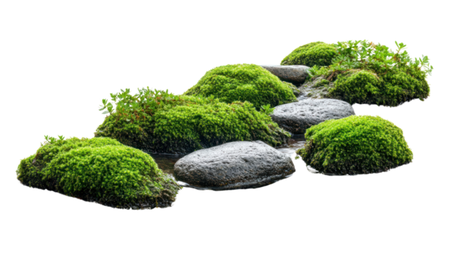 Moss-covered stones on a tranquil surface, evoking serenity and natural beauty, ideal for relaxation and nature-themed projects.