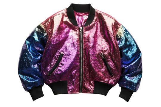 Shiny multicolor bomber jacket with vibrant metallic sheen and sporty design, suitable for casual wear or outings