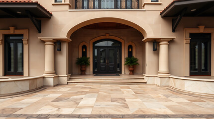 Obraz premium Magnificent Mansion Entrance: Luxury Home Exterior with Grand Columns and Stonework