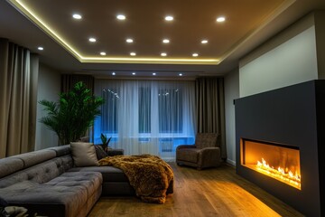 luxurious living room with layered lighting including recessed ceiling lights and glowing fireplace