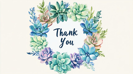 The image features a beautiful watercolor wreath of succulents in shades of blue, green, and purple, with the words \"Thank You\" written in the center