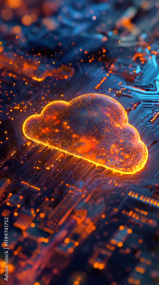 Poster Glowing cloud icon floating above semiconductor surface, visualizing networked data infrastructure and cloud-based technological connectivity