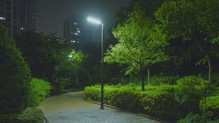 Obraz premium Serene Park Pathway Illuminated by Street Lights at Night