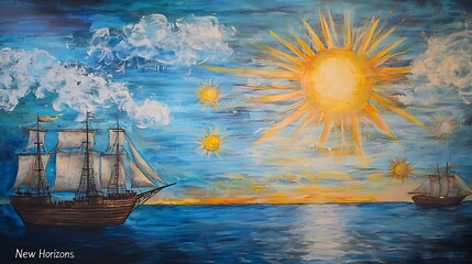 A painting of a large ship sailing in the ocean with a sun in the sky