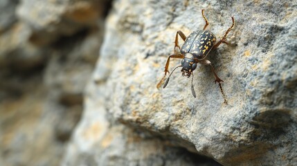 macro shot of tiny beetle crawling on cave wall with intricate details of rock surface in focus