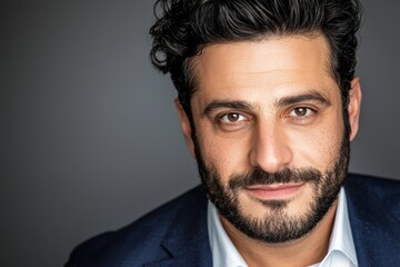 Professional headshot of a confident man with curly hair and a well-groomed beard in a dark suit