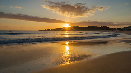 Obraz premium A sunrise over a deserted beach with golden light reflecting off the water. 