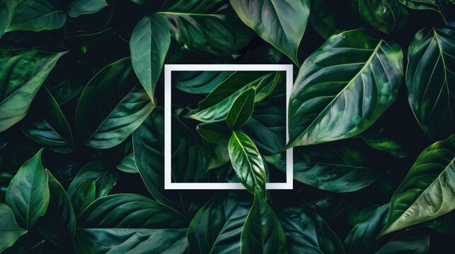Lush green foliage frame; nature backdrop, template