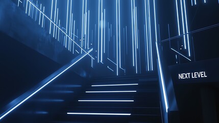 A blue staircase with a sign that says "Next Level" on it