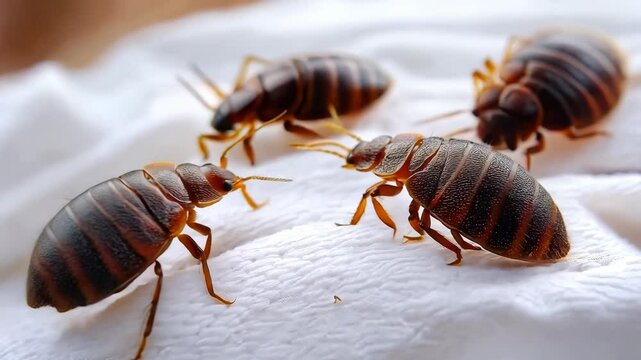 Bed bugs engaging with one another on a white fabric surface, highlighting problem of pests infestation at home