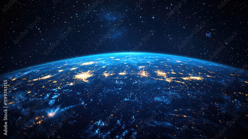 Poster earth from space with light lines of communication and connection communications system and the worl