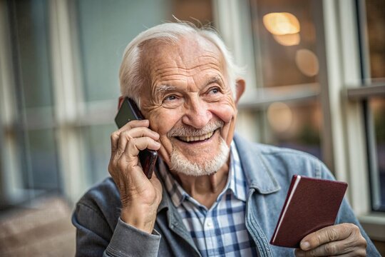 An elderly man with a passport talks on the phone with cybercriminals. The scammers try to obtain personal information to steal money - Phone scammers and elderly people.