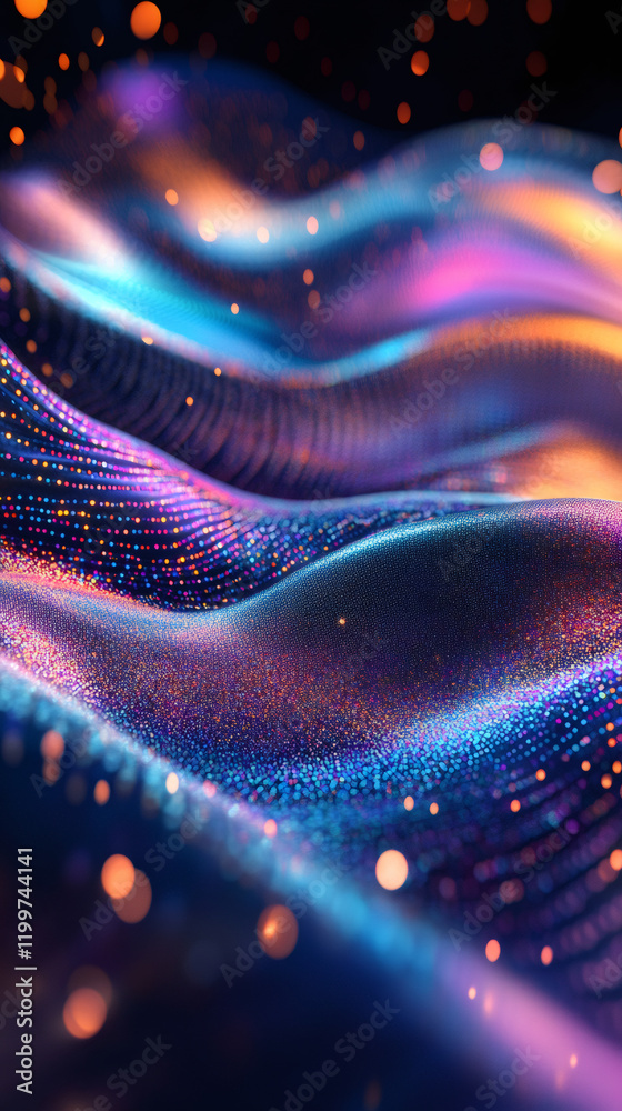 Fototapete abstract colorful wave of particles flowing smoothly in a dark cyberspace with glowing lights
