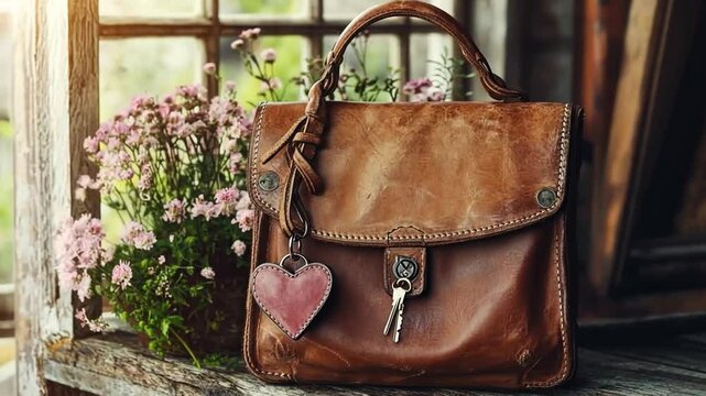 This charming leather bag features a unique heart keychain. It captures a warm, vintage feel. Ideal for fashion and lifestyle themes. Great for showcasing style and elegance. Generative AI