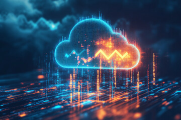 Digital glowing cloud icon symbolizing increased cost for technology, cloud computing, and data storage. Technology banner concept	
