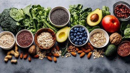 An artistic display features an array of fresh fruits, nuts, and seeds, showcasing the rich colors and textures of wholesome ingredients. Perfectly aligned, these delights promote healthy living