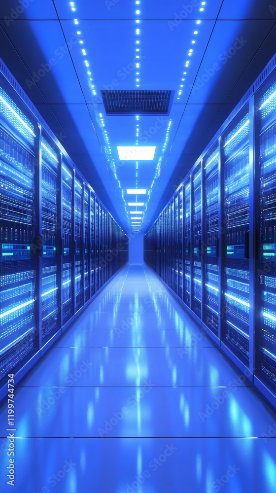Poster modern server room corridor featuring blue lights illuminating advanced network hardware and high-te