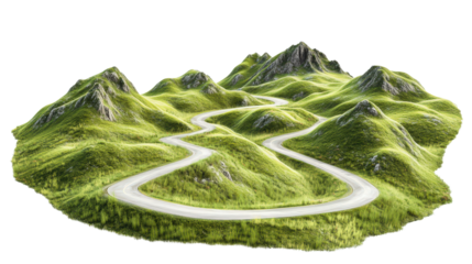 Winding road through lush green mountains under a bright blue sky in a scenic landscape isolated on a white background.