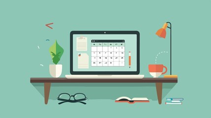 Sleek Laptop Displaying Calendar in Office Setting Cartoon Style