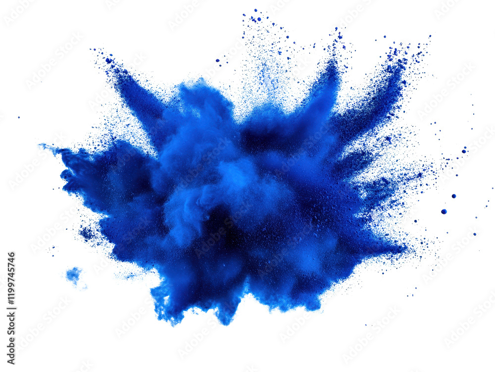 Poster blue powder explosion creating vibrant clouds on a black background during a dynamic visual display 
