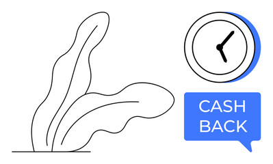 Abstract plant, minimalist clock with black hands, and blue speech bubble with CASH BACK. Ideal for financial savings, efficiency, time management, economic growth, reward programs, financial