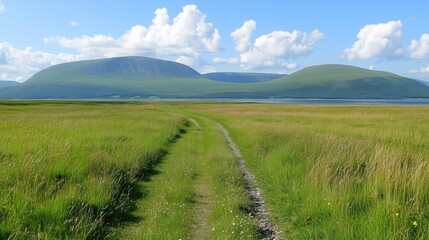Fototapeta premium Rural road through open fields and distant mountains - generated AI