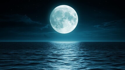 Calm ocean with faint ripples glowing under a full moon in a starry night sky ideal for meditation themes 
