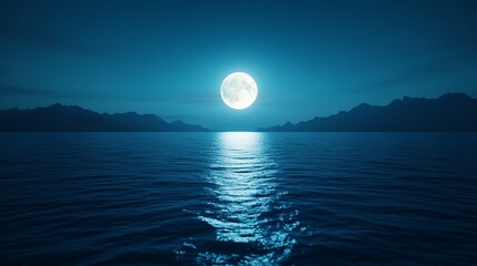 Calm ocean with faint ripples glowing under a full moon in a starry night sky ideal for meditation themes 