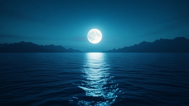 Calm ocean with faint ripples glowing under a full moon in a starry night sky ideal for meditation themes 