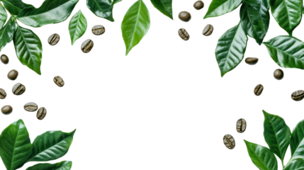 Coffee beans and lush green coffee leaves frame a contrasting empty space, ideal for branding or text placement on a white isolated background.