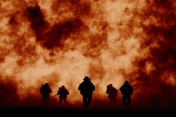 Obraz premium Silhouetted soldiers advance through a fiery, smoke-filled battlefield. A dramatic image of courage and conflict.
