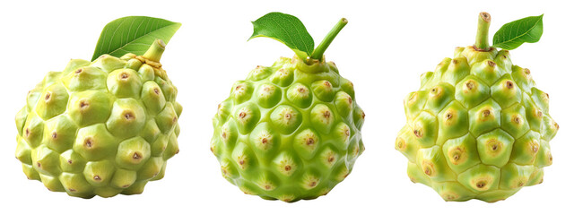 Isolated Green Custard Apples with Leaves on Transparent Background
