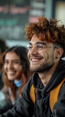Fototapeta premium Young man with red hair and glasses smiling on the street. Great for social media, fashion accessories ads and articles about youth culture.