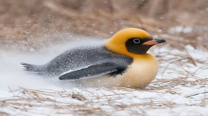 Majestic bird with striking yellow and black plumage in winter landscape