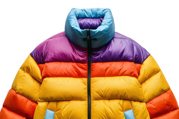 Colorful puffer jacket showcasing vibrant panels and a stylish design in a contemporary setting