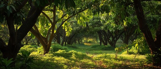 Green forest with sun rays breaking through the trees. Ideal for articles about nature, ecology and outdoor recreation.