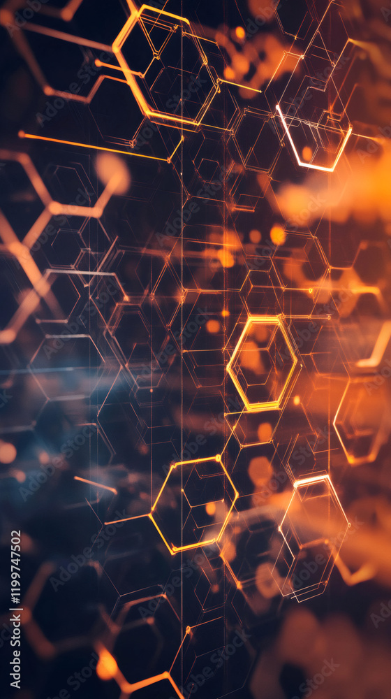 Poster Orange glowing hexagons interconnected and creating a futuristic technological background, ideal for websites and presentations