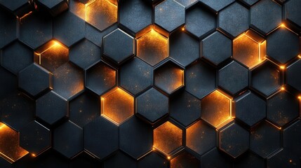 A dark hexagonal pattern with glowing orange accents, creating a modern and dynamic visual appeal.