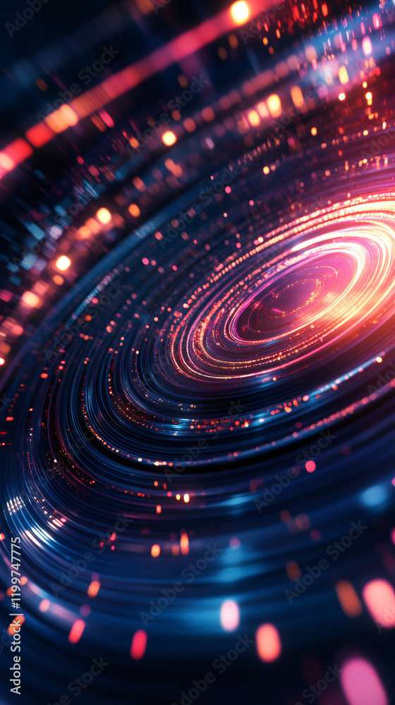Aufkleber Dynamic light trails forming luminous spiral, representing technological innovation with vivid color spectrum against dark background