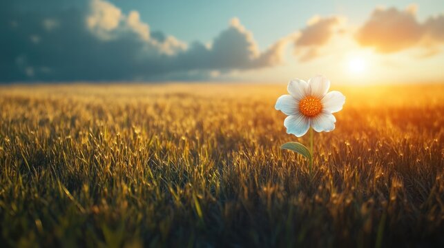 symbolic depiction of single flower in field with one side brightly lit and other softly shaded