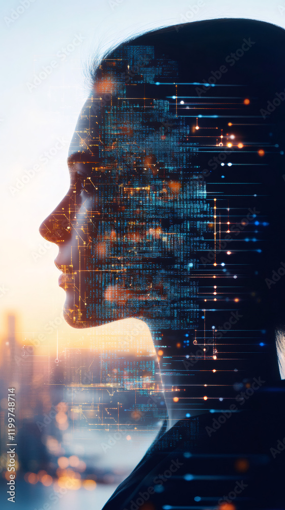Poster ai innovation showing businesswoman profile blending with digital code, network connections emerging