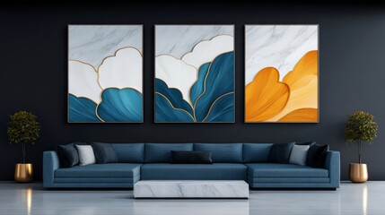 Abstract triptych artwork in teal, white, and gold accents hangs above a modern sectional sofa in a dark room.