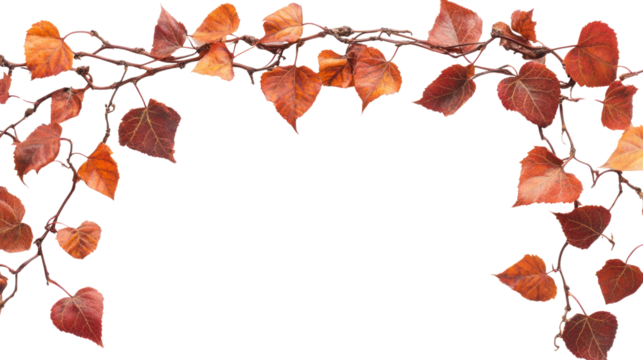 A beautiful arrangement of red and orange ivy leaves on a delicate vine against a white isolated background, perfect for seasonal themes.