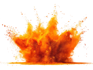 Vibrant orange powder explosion creating a dynamic and colorful abstract background scene isolated on a white background.