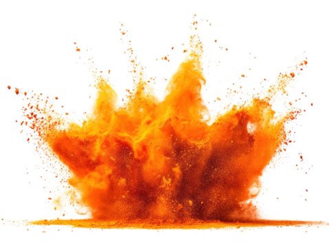 Vibrant orange powder explosion creating a dynamic and colorful abstract background scene isolated on a white background.