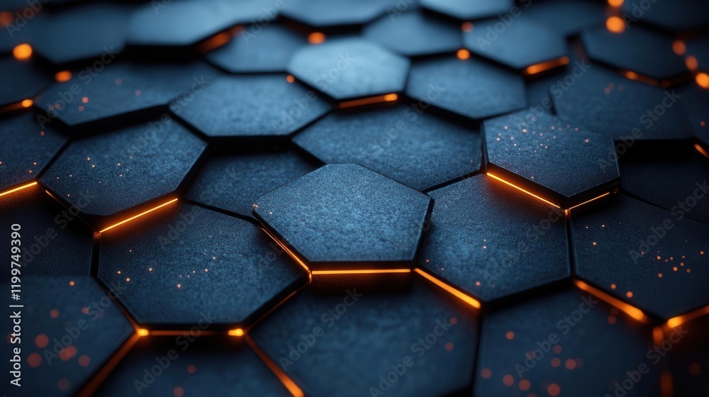 Poster a close-up view of hexagonal patterns with glowing edges, creating a futuristic and textured surface