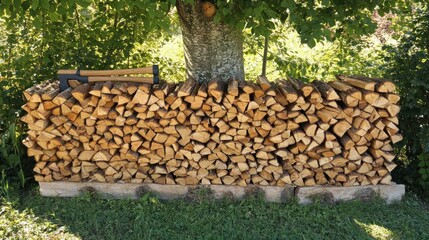 Neat stack of firewood with axes resting on top, outdoors under a tree.
